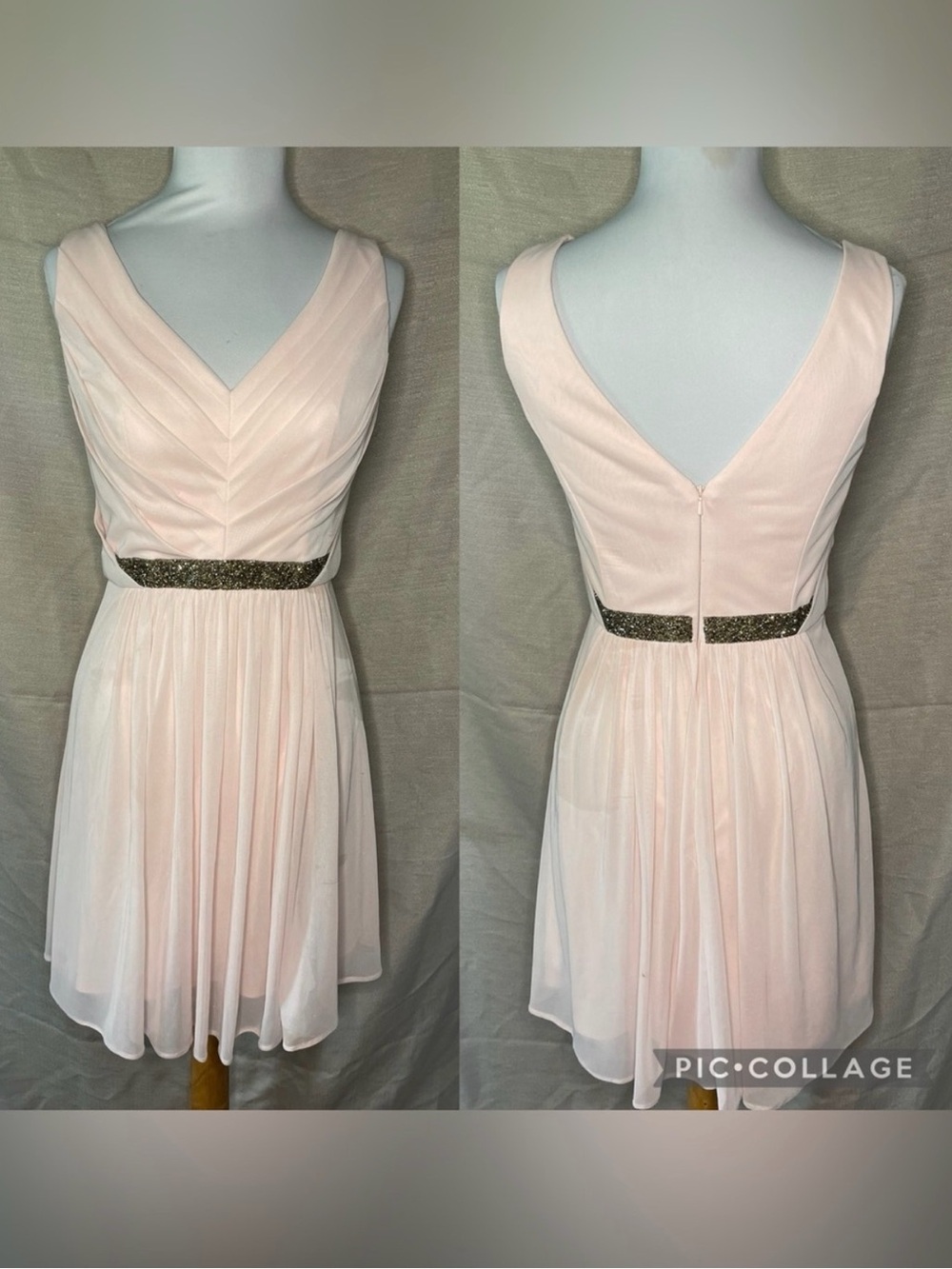 David's Bridal Pale Blush V-Neck Homecoming Dress with Glitter Waist